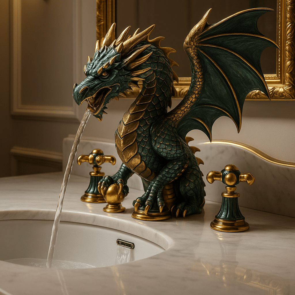 Green and gold dragon faucet in marble bathroom with ornate gold mirror