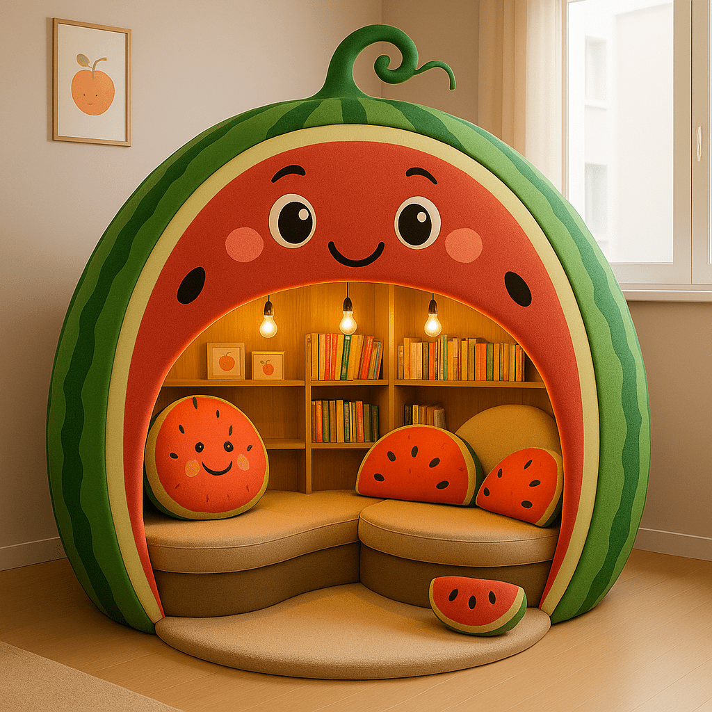 Playful watermelon-shaped children’s reading nook with bright cushions and built-in shelves.