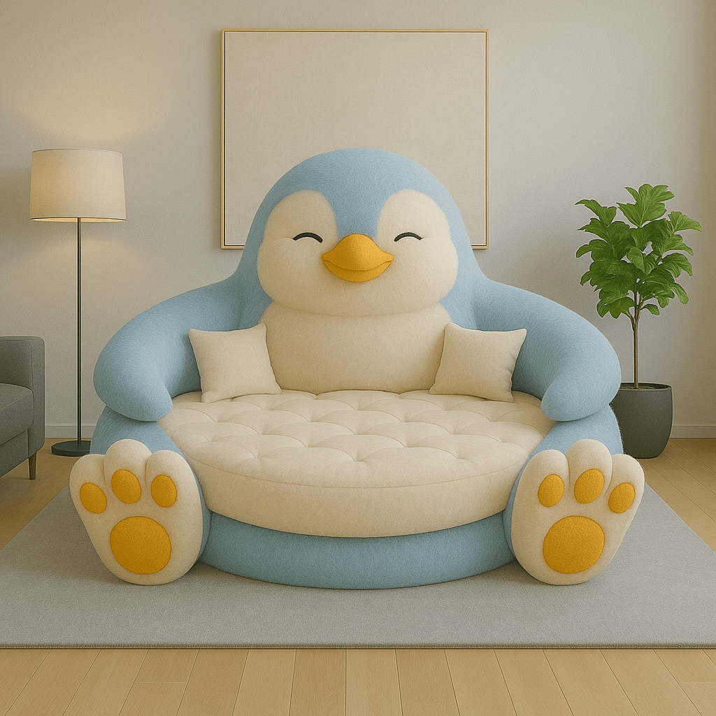 A large blue and cream penguin-shaped sofa in a modern living room with wooden floors and natural lighting.