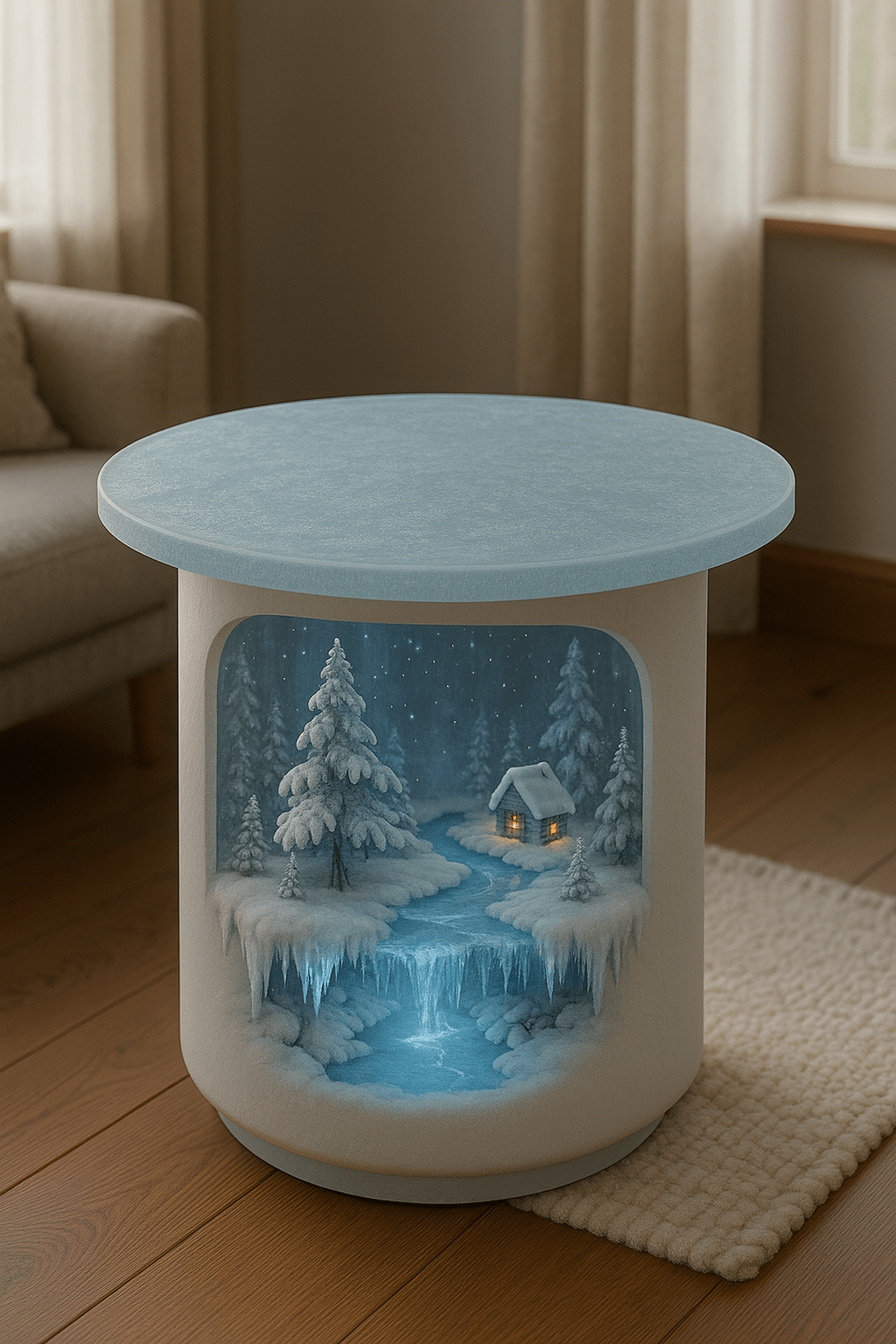 Winter-themed table with an illuminated log cabin surrounded by snowy pine trees and a glowing icy river beneath the surface.