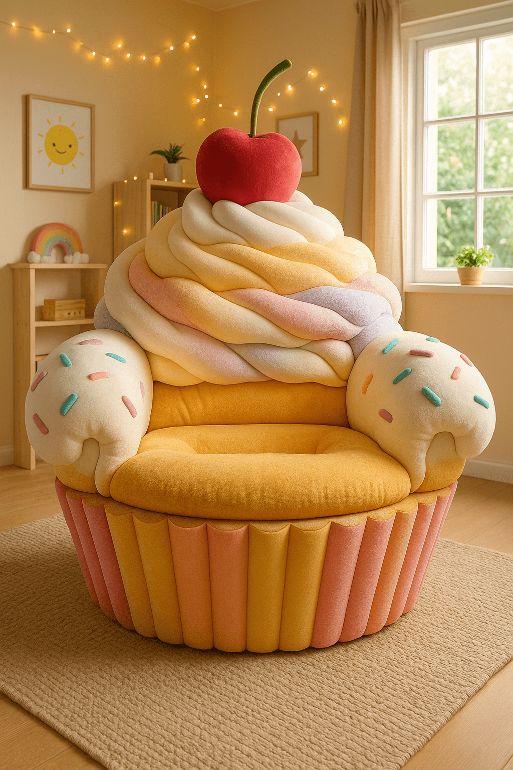 Whimsical cupcake-style armchair in orange and lilac tones with sprinkles and a plush cherry top