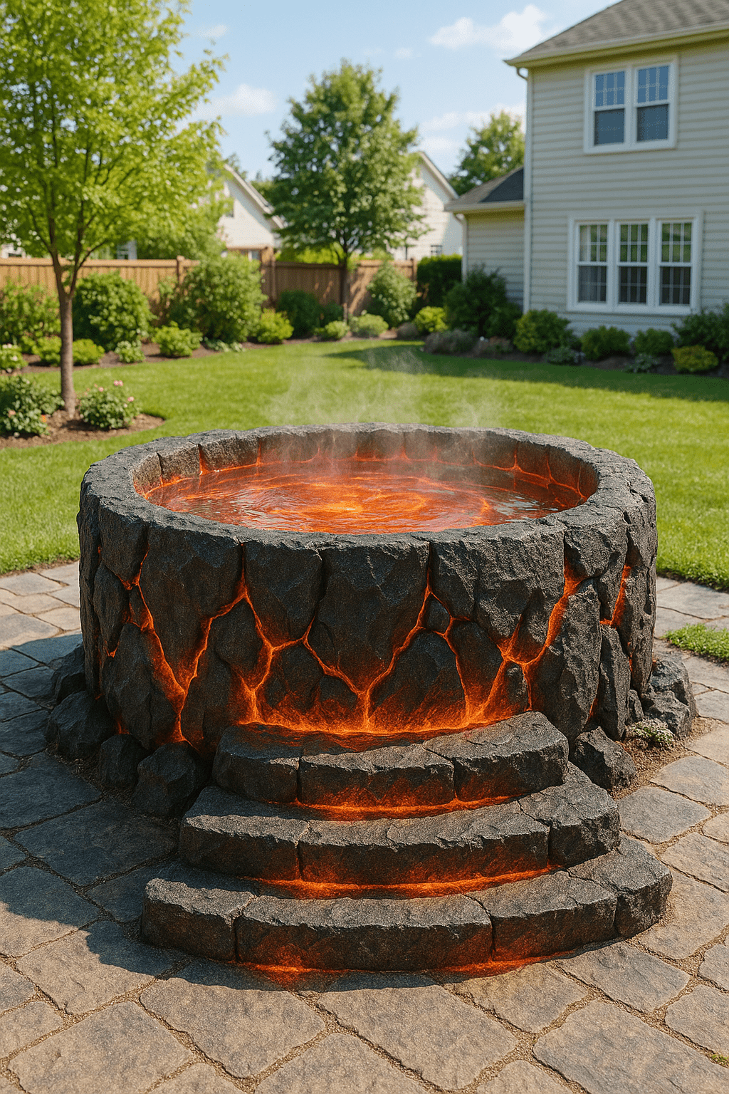 Lava-style hot tub with orange molten glow on stone steps in a bright garden setting