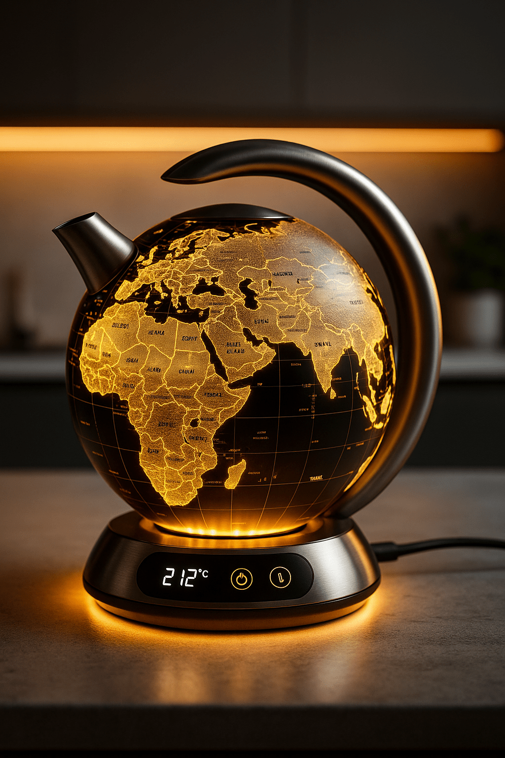 Illuminated amber globe kettle featuring glowing map detailing and sleek metal handle on a kitchen counter.