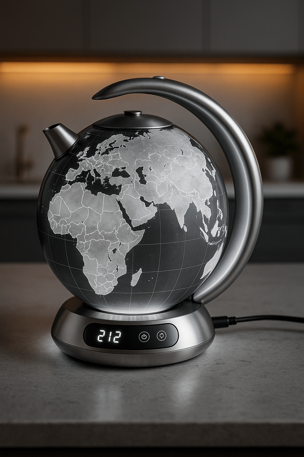 Silver globe-shaped kettle with engraved world map design and digital temperature display in a modern kitchen.