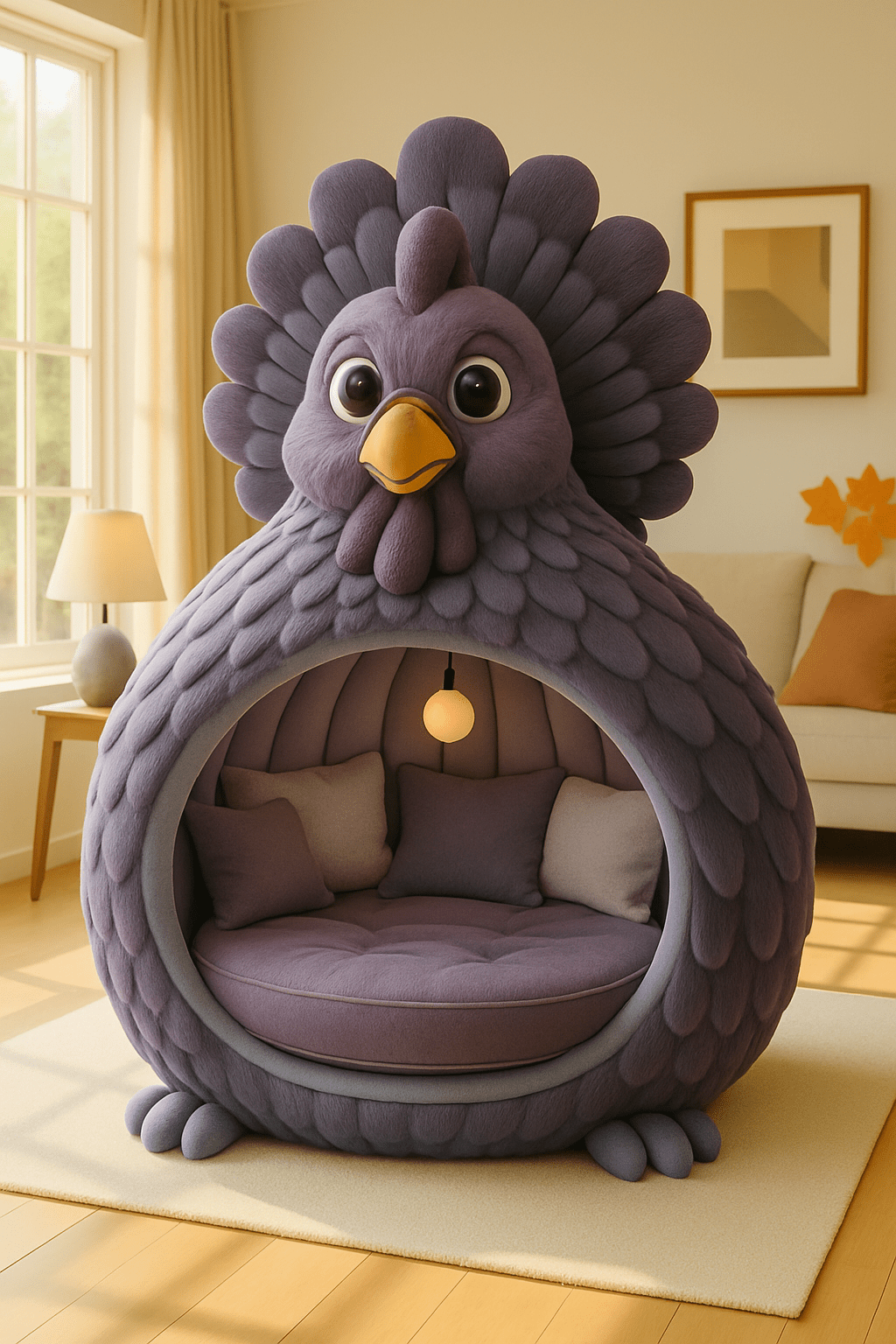 Deep purple turkey-shaped reading pod with lilac cushions and gentle lamp light in a stylish interior