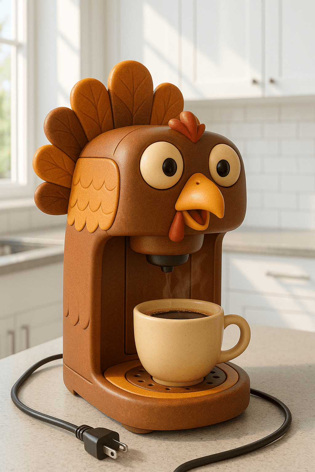 Brown turkey-themed coffee maker with orange feathers and yellow beak next to a steaming cup of coffee.