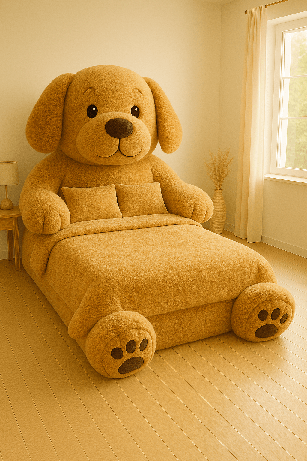 Oversized golden dog-shaped bed with plush faux-fur in a warm, minimalist setting