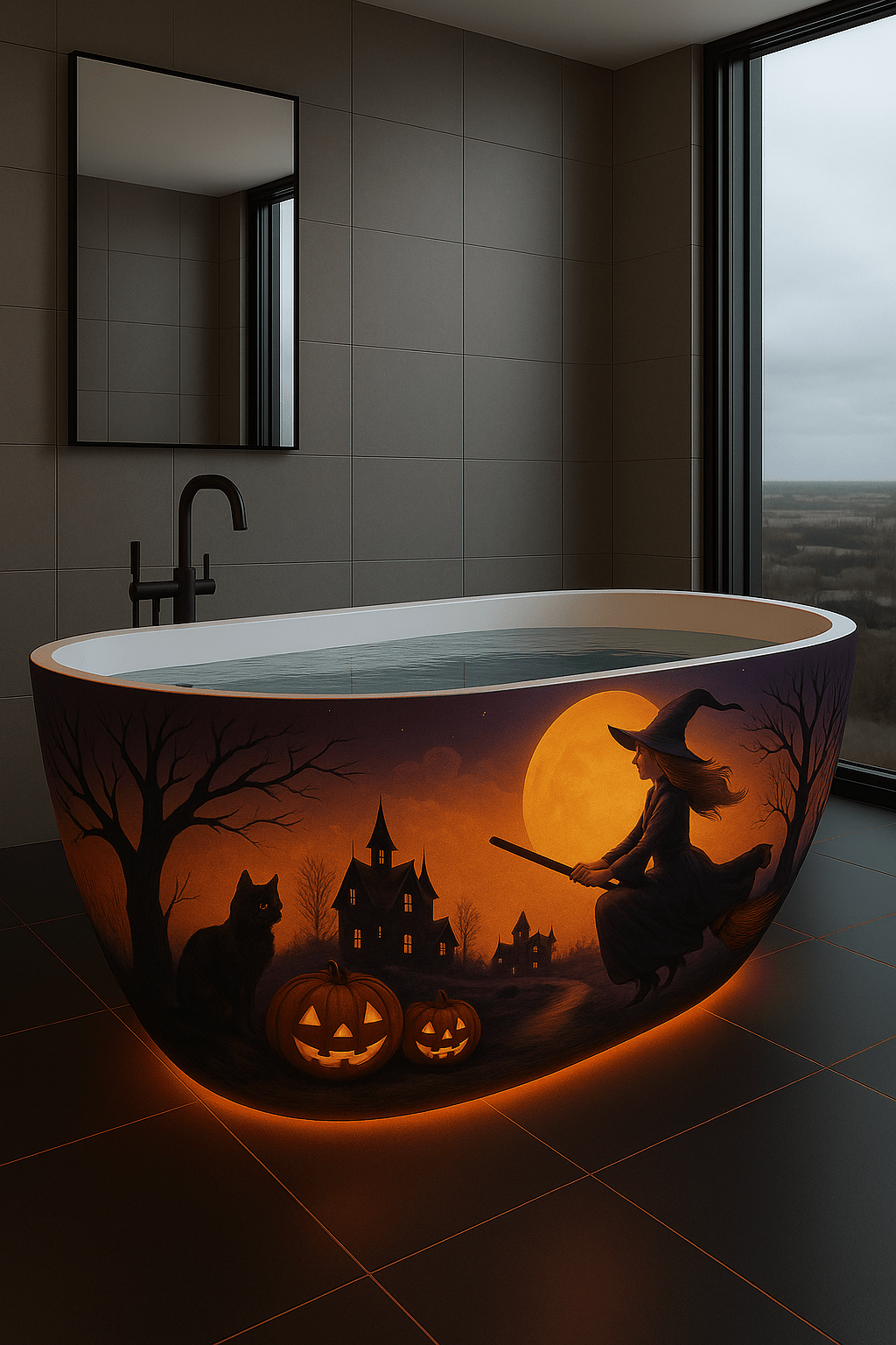 Halloween bathtub design with witch on broom, black cat, pumpkins, and full moon