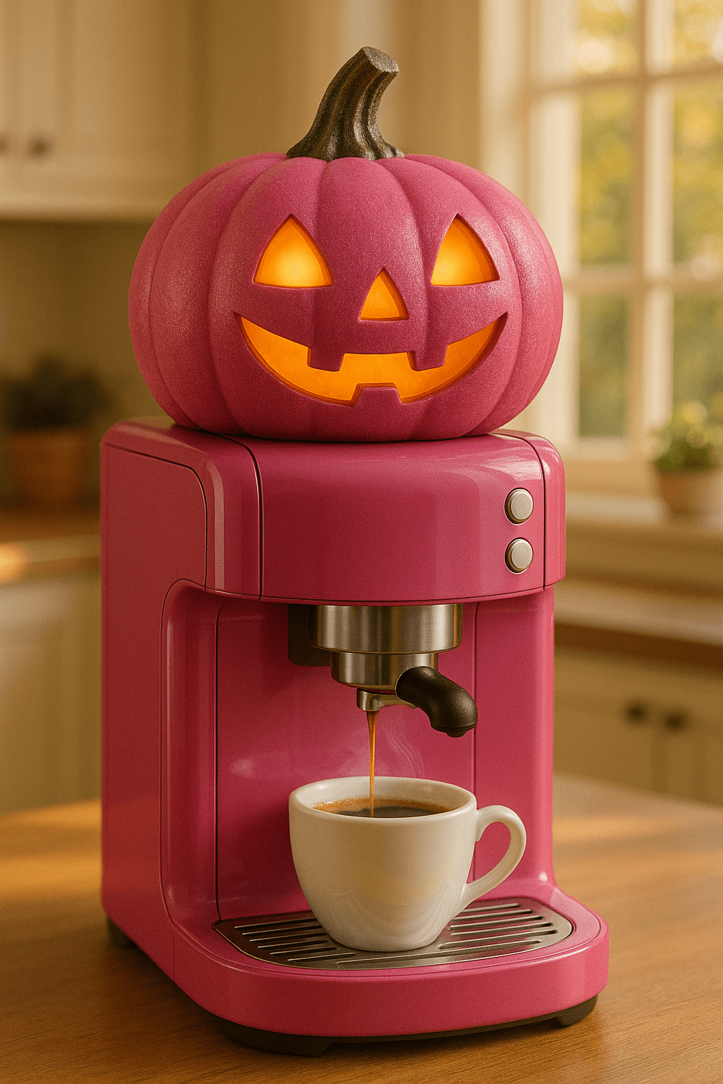 A pink pumpkin coffee maker with a glowing jack-o’-lantern face brewing fresh coffee.