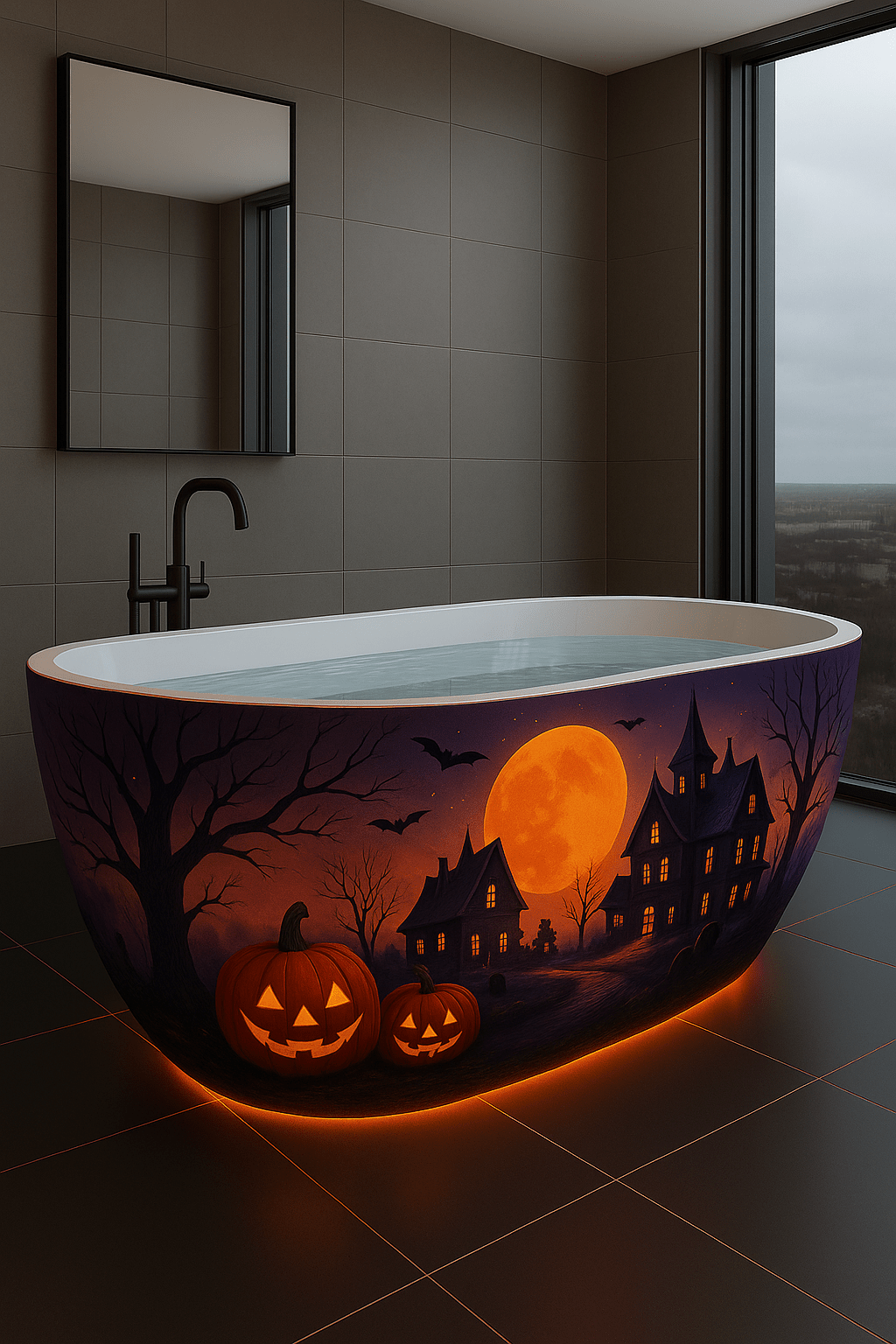 Modern bathtub featuring haunted house, pumpkins, and glowing moon Halloween design