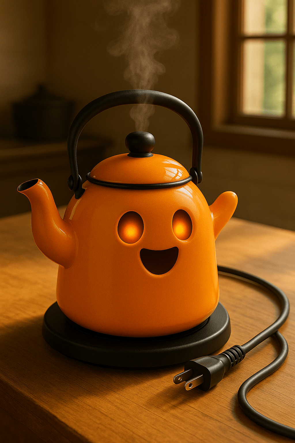 Orange ghost-shaped kettle glowing warmly while sitting on a black base in a cosy kitchen.