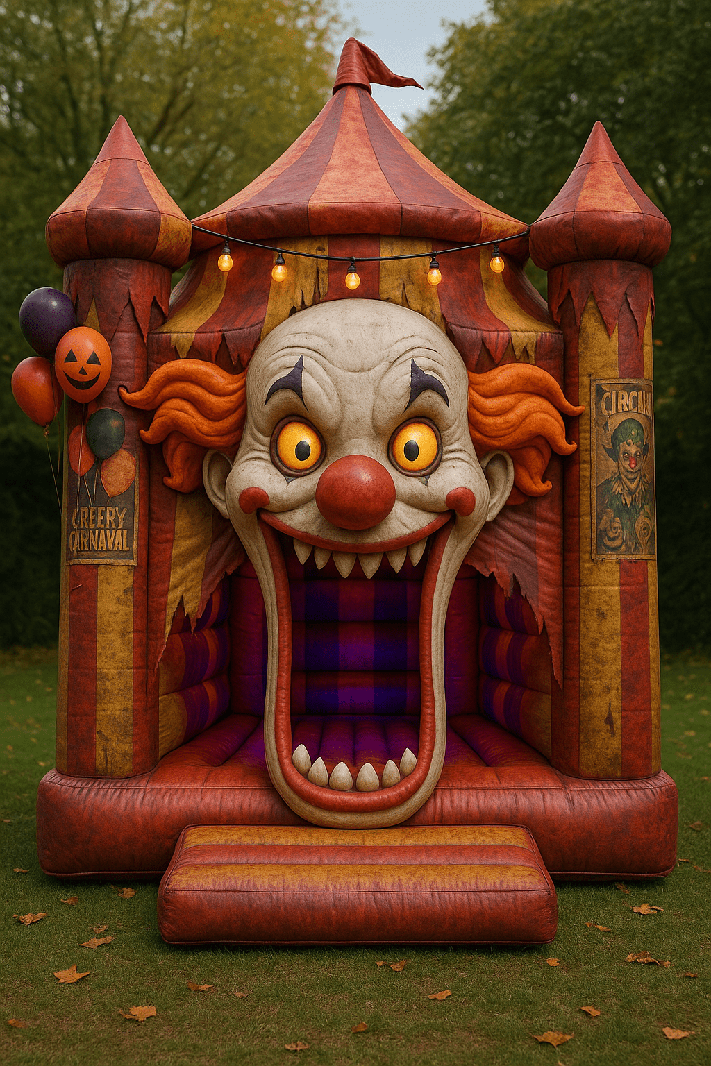 A spooky Halloween bouncy castle with a creepy clown face and carnival design.