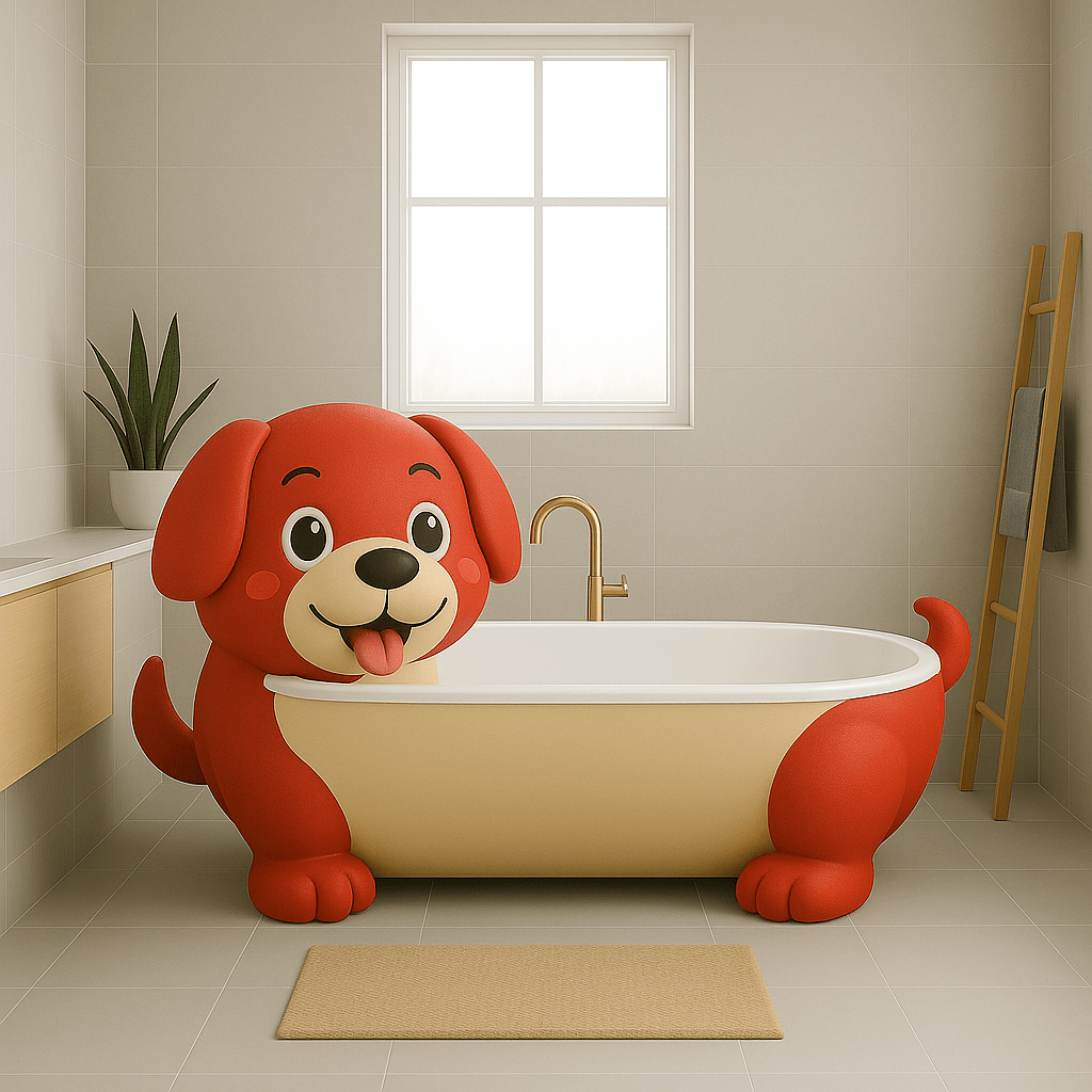 Whimsical red puppy-shaped bathtub with beige interior and gold tap in a neutral tiled bathroom.