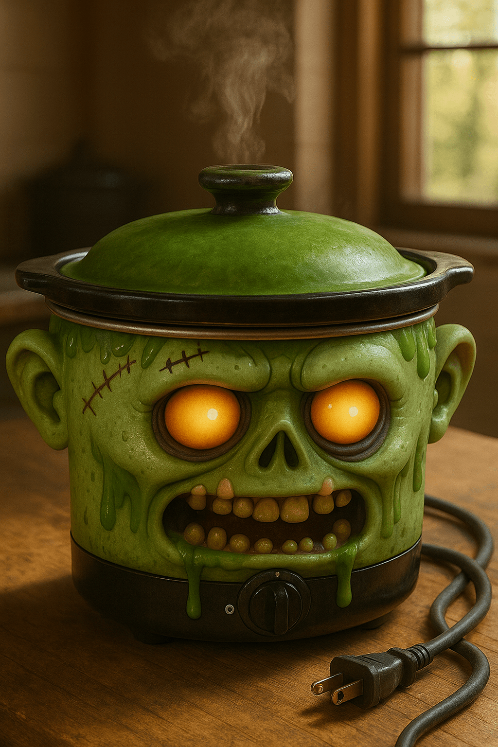 A green zombie-shaped slow cooker with glowing eyes and a stitched design, sitting on a wooden kitchen counter.