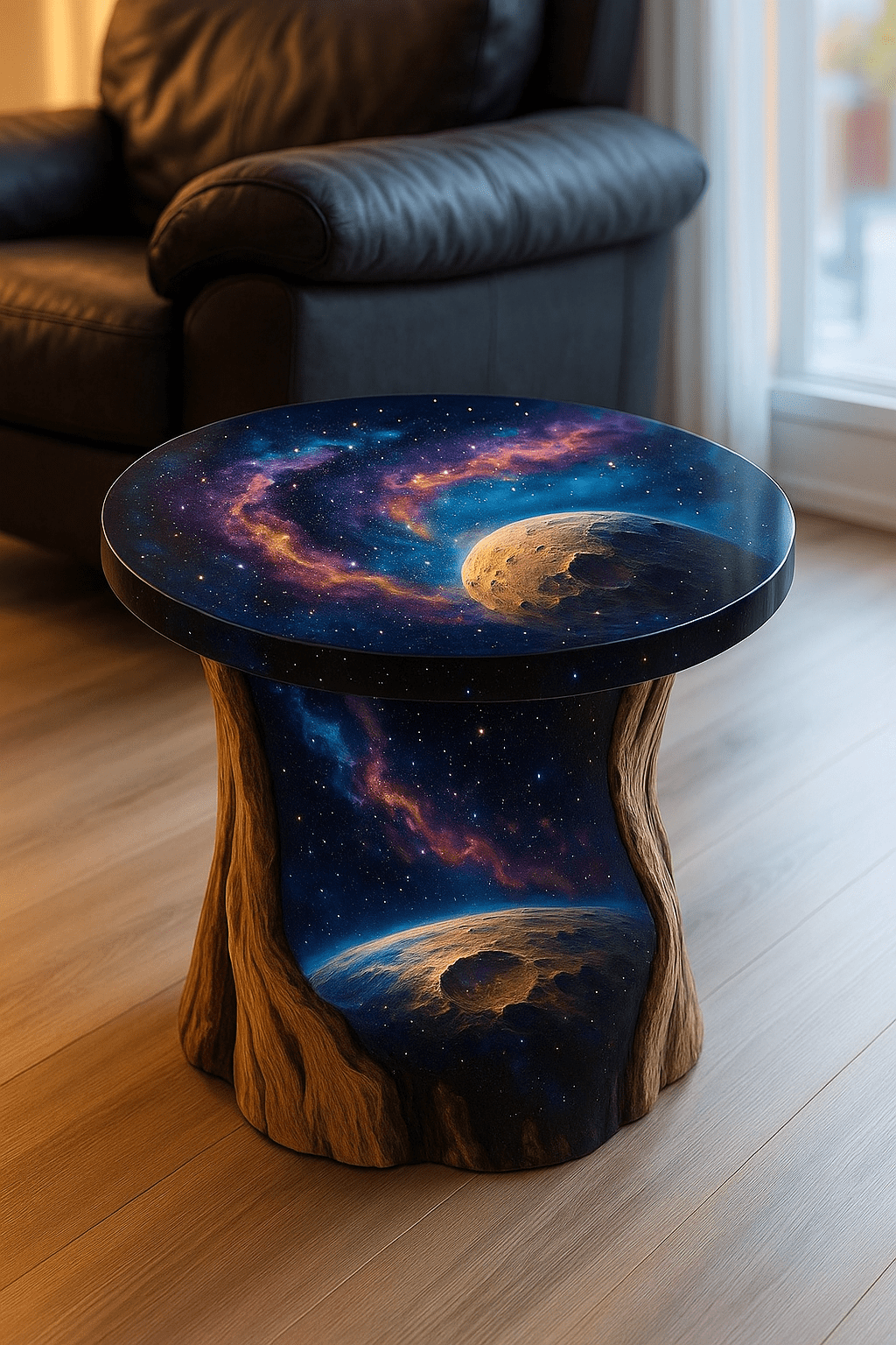 Wooden table with cosmic resin surface showing planets and nebula-like details