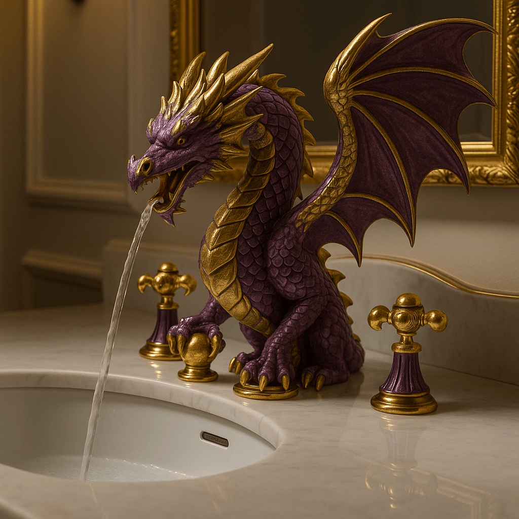 Luxurious purple and gold dragon-shaped faucet with water flowing into marble sink