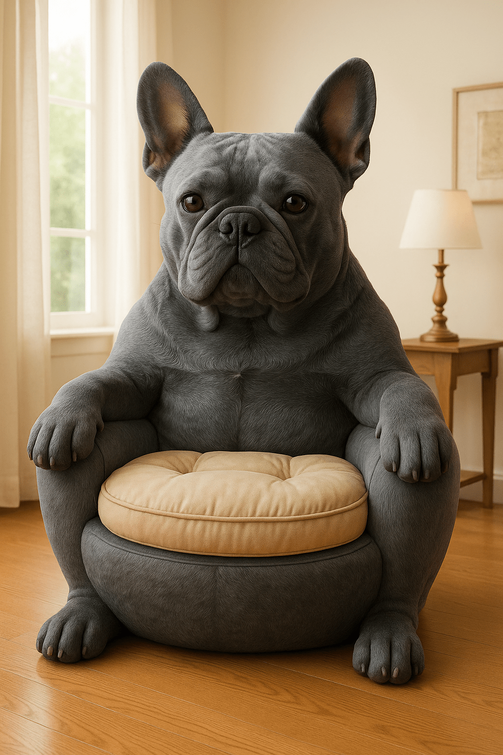 Dog-Shaped Armchairs: Realistic French Bulldog-shaped novelty armchair with beige cushion in bright modern living room