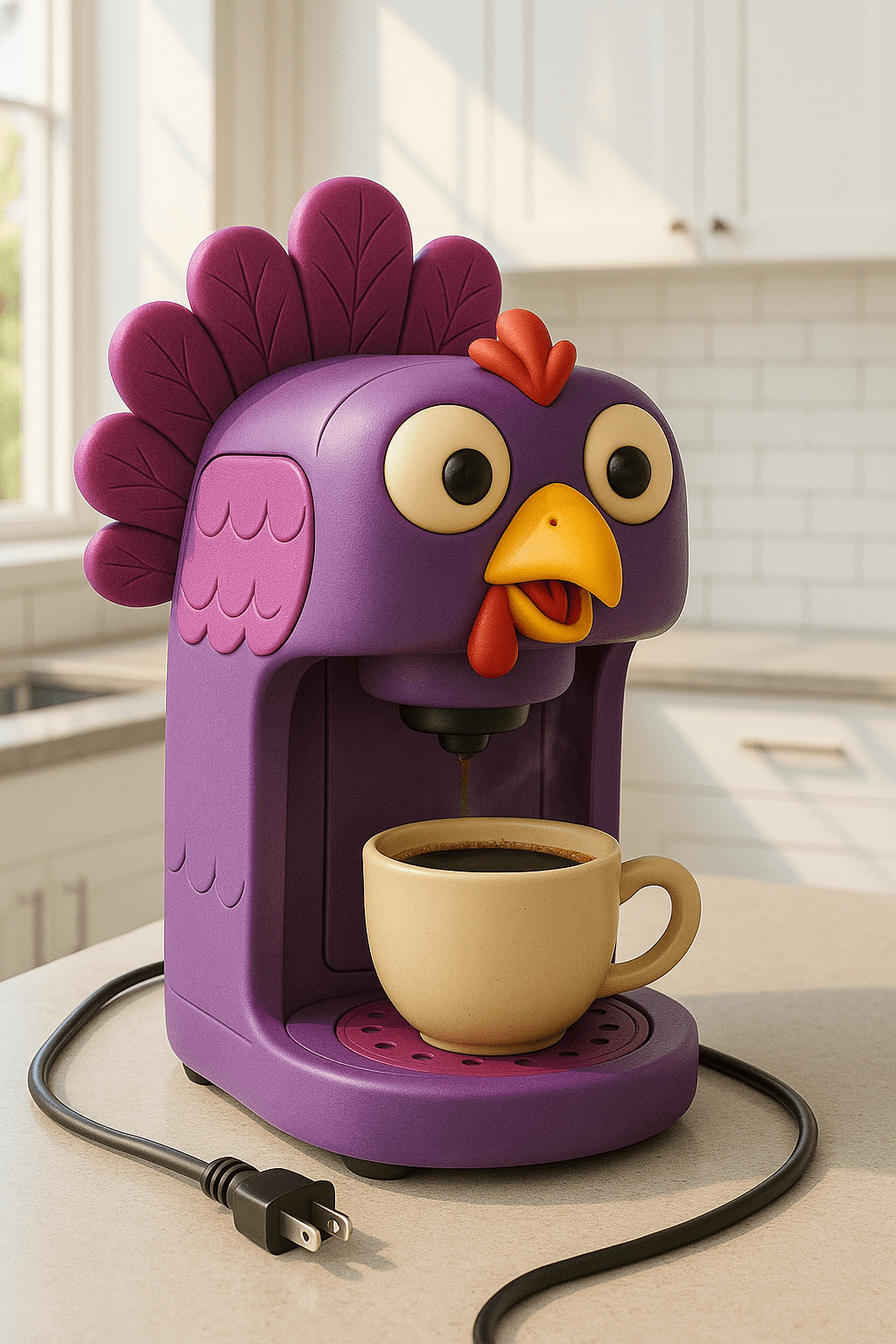 Purple coffee maker with orange beak and red crest pouring coffee into a mug.