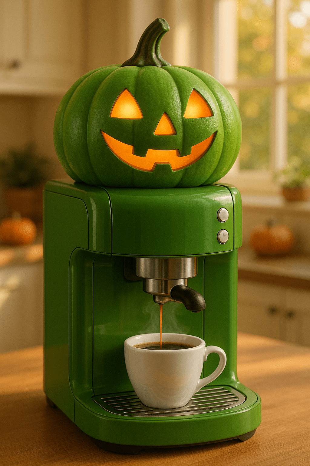 A green jack-o’-lantern coffee machine brewing a cup of hot coffee on a wooden counter.