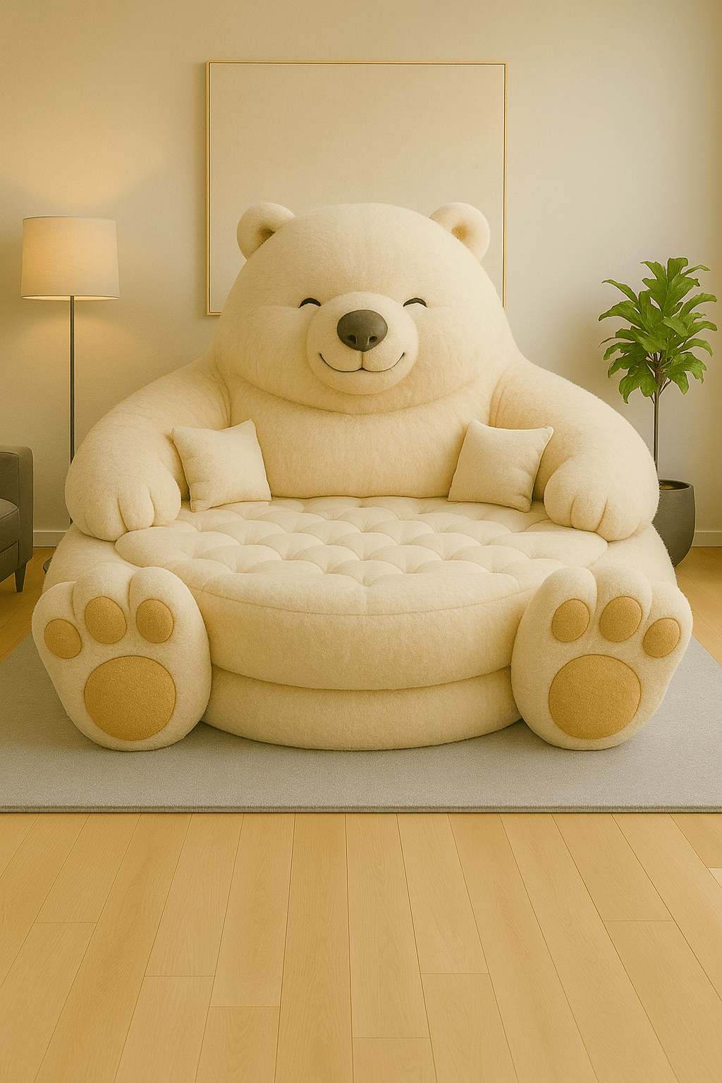 Cream bear-shaped sofa with plush paws and smiling face in a cosy neutral living room
