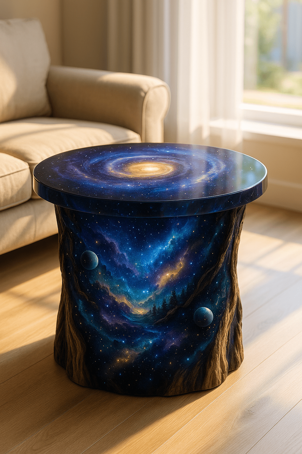Galaxy-inspired wooden table featuring deep blue cosmic artwork and planet details