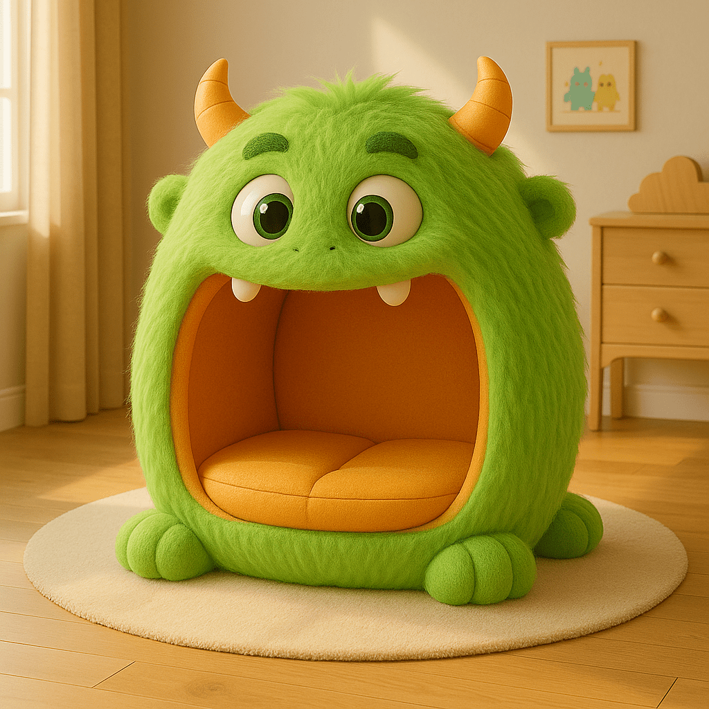 Bright green monster pod chair with orange interior and cartoon eyes in a playroom setting