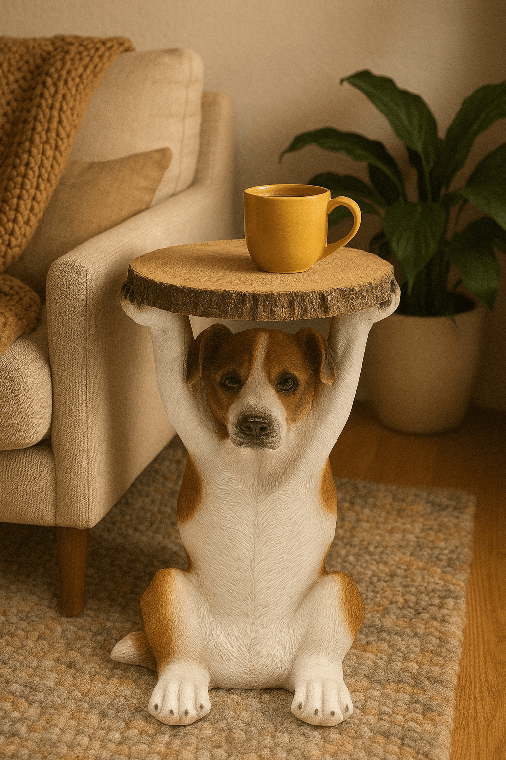 Realistic dog-shaped side table holding a round wooden top beside a sofa
