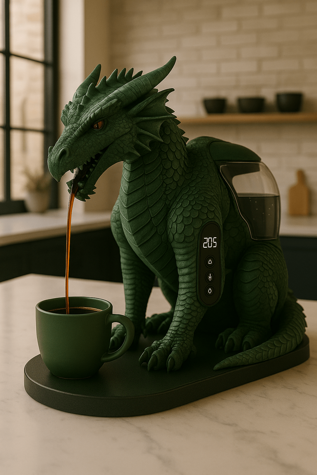 Green dragon coffee machine with digital temperature display brewing coffee into a green mug