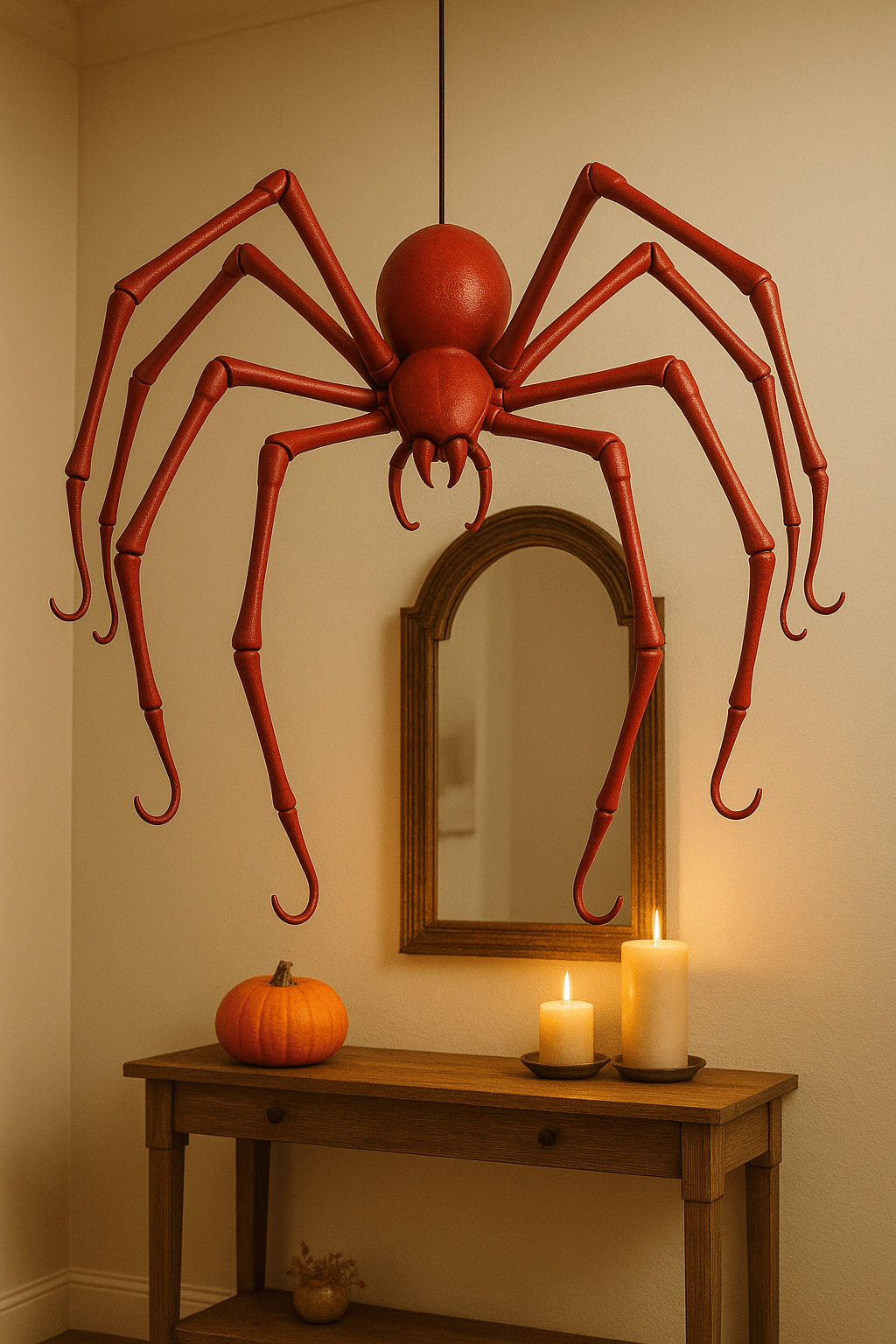 Large red spider coat rack hanging above console table with candles and pumpkin.