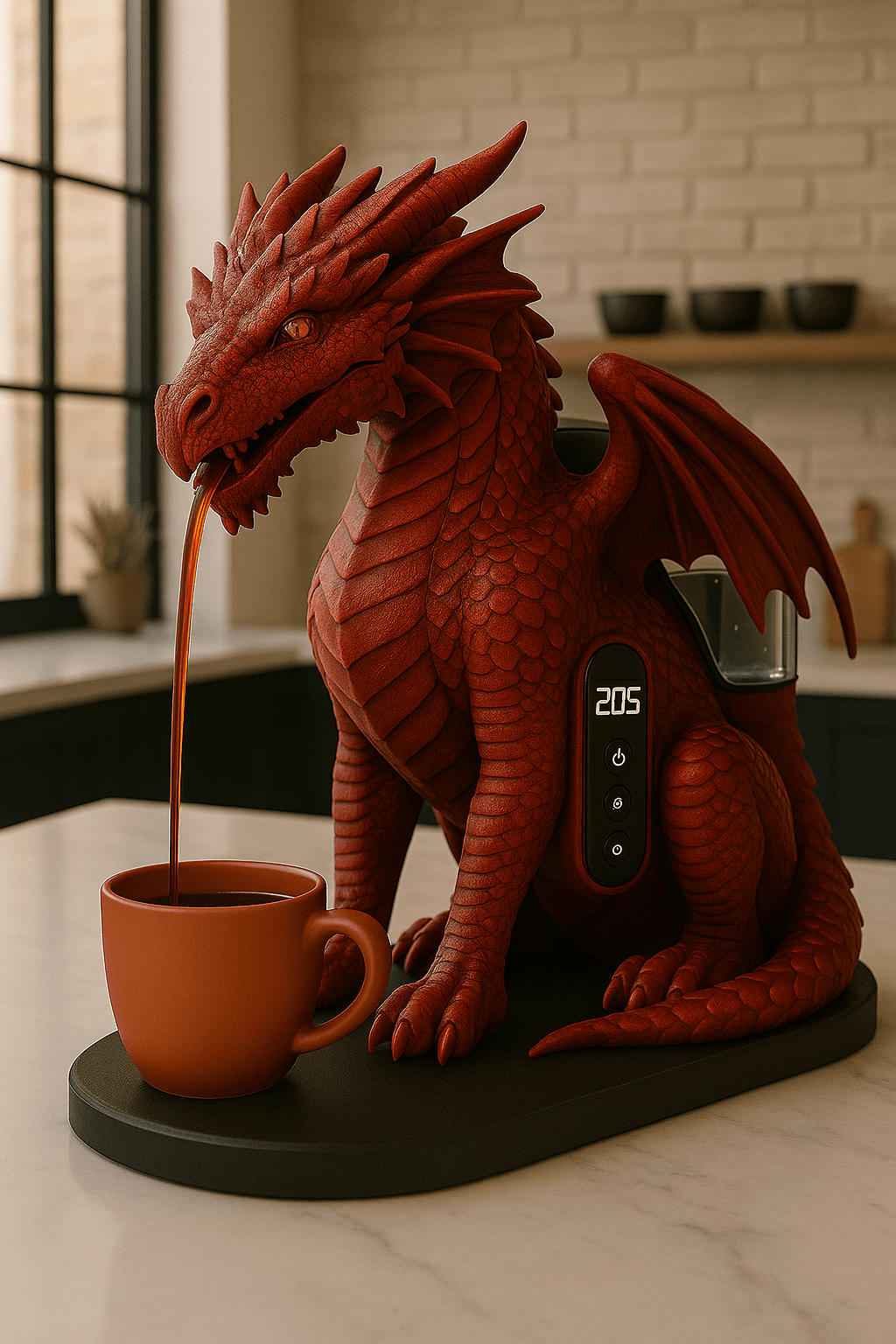 Red dragon coffee machine pouring coffee into a matching red mug on a marble countertop