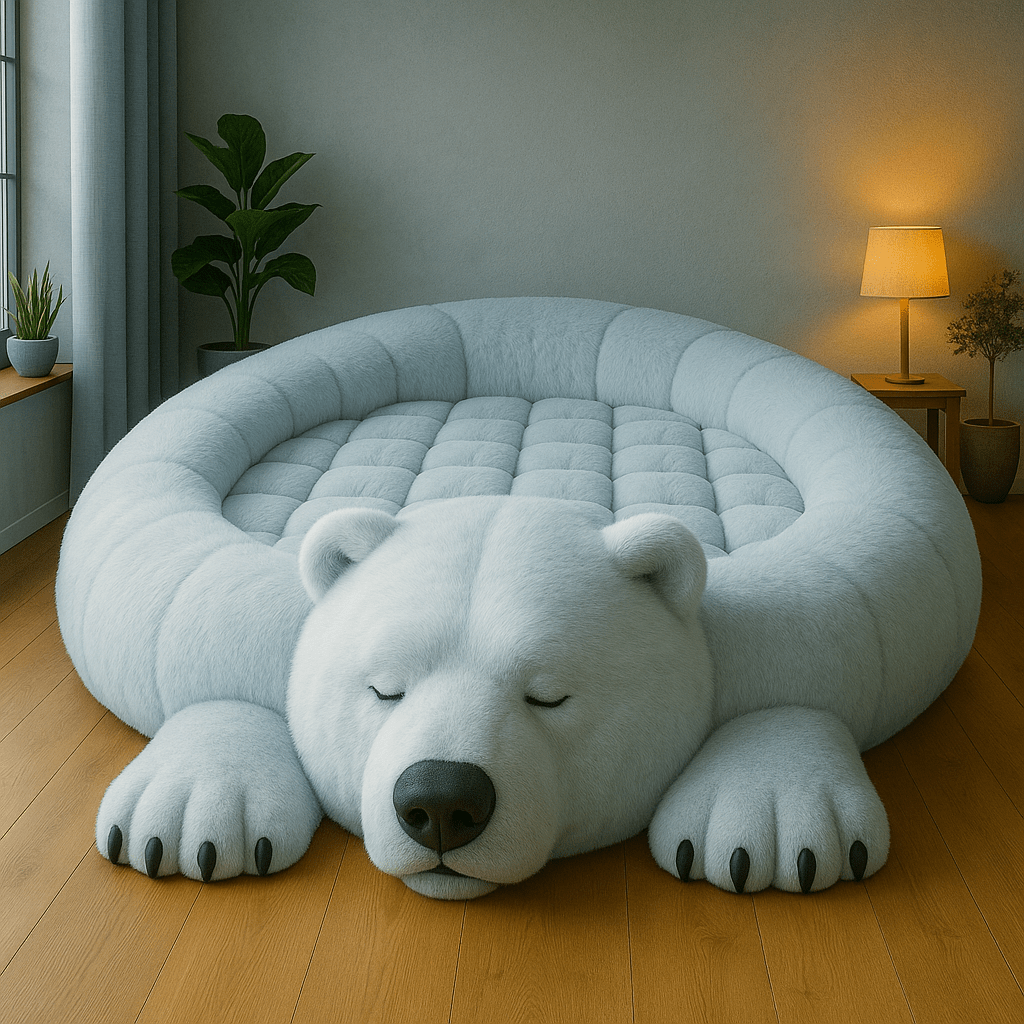 Light blue polar bear-shaped bed in a cosy contemporary room with warm ambient lighting.