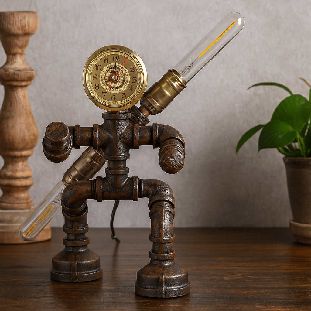 Robot-inspired pipe lamp with a clock face and two glowing tubular bulbs on a wooden surface.