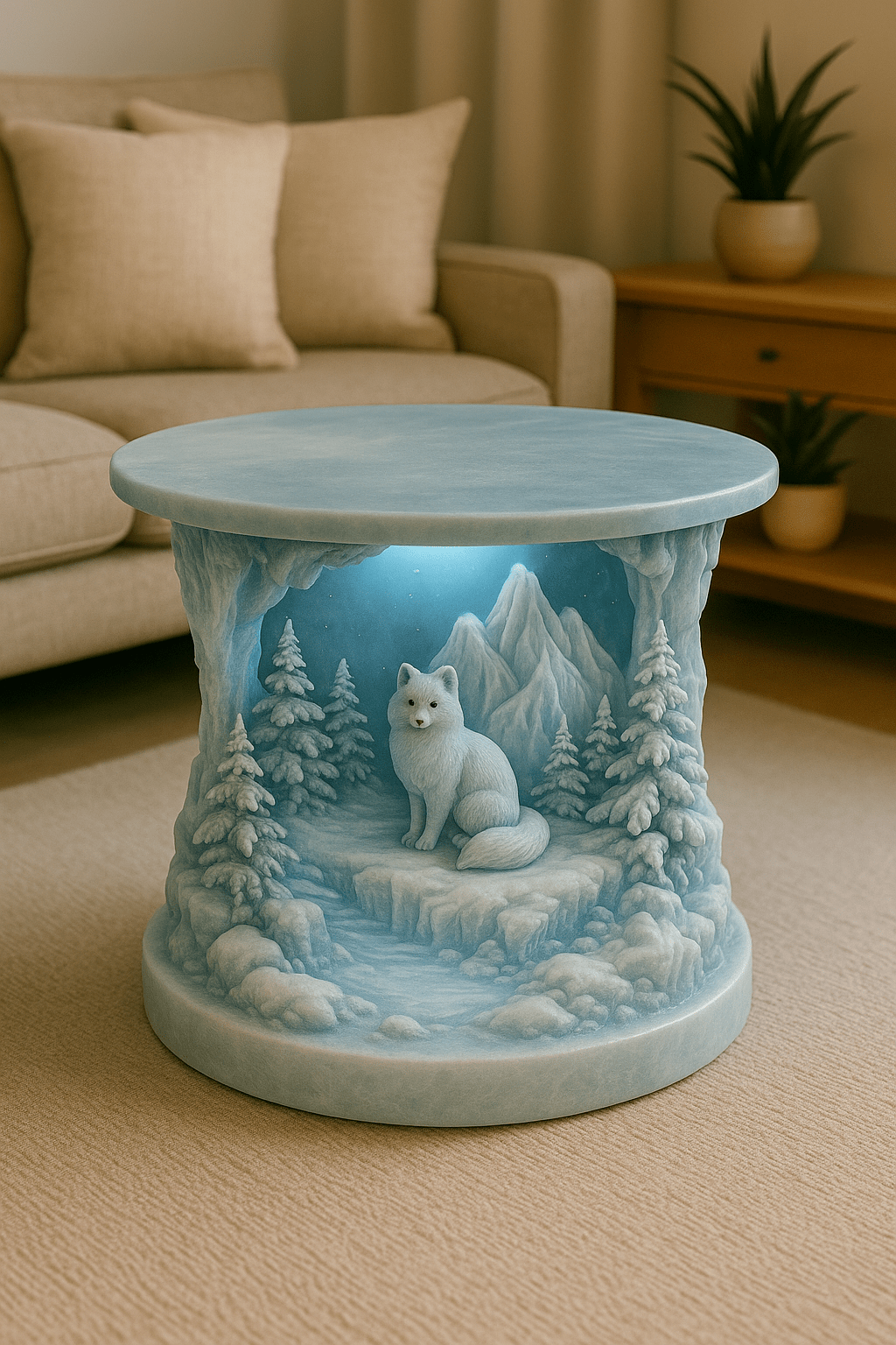 Arctic-inspired coffee table featuring a sculpted Arctic fox surrounded by snow-covered trees and mountains with soft blue lighting.