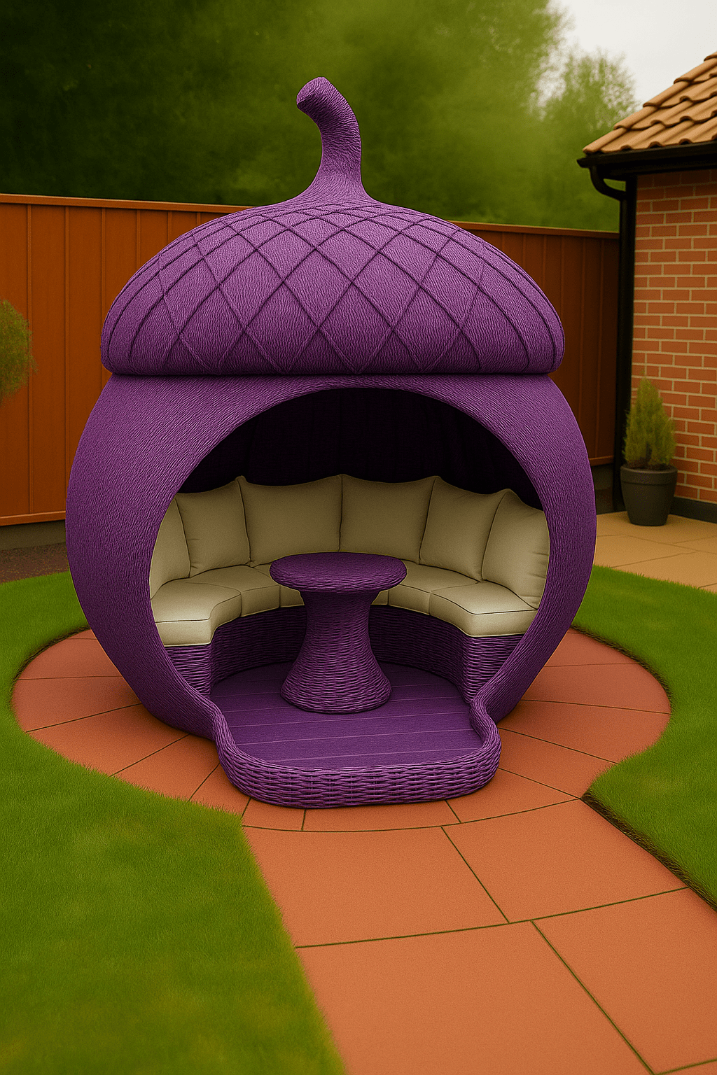 Oversized purple acorn-shaped outdoor seating pod with cushioned bench and centre table on a patio.