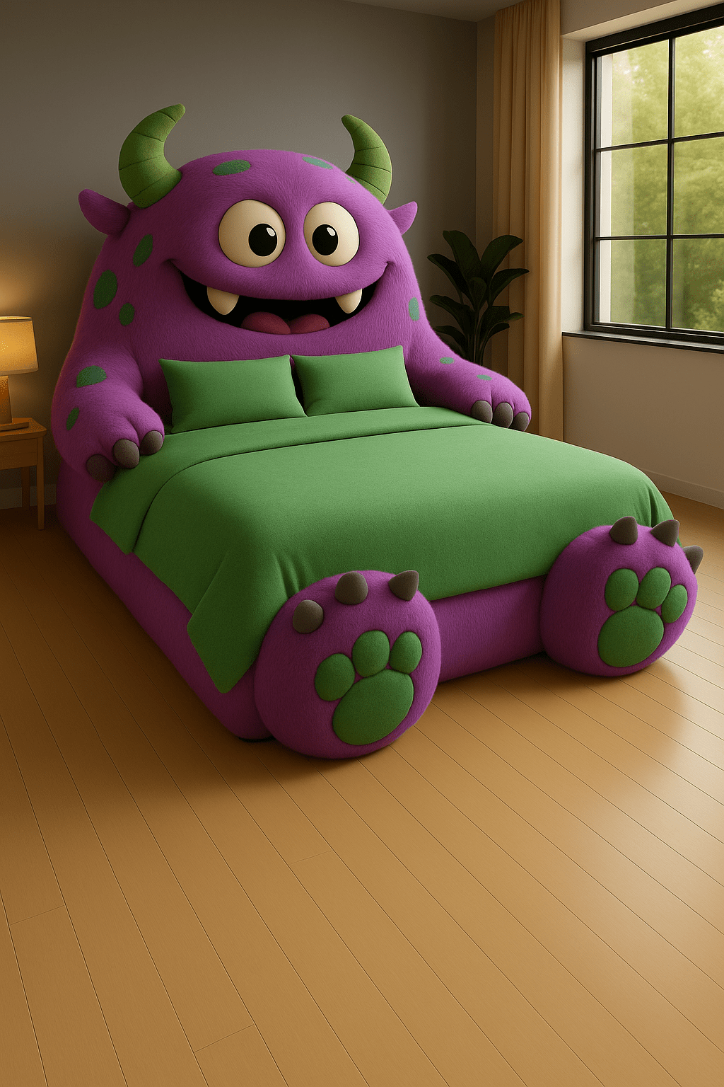 Bright purple monster-themed bed with green bedding and playful horns