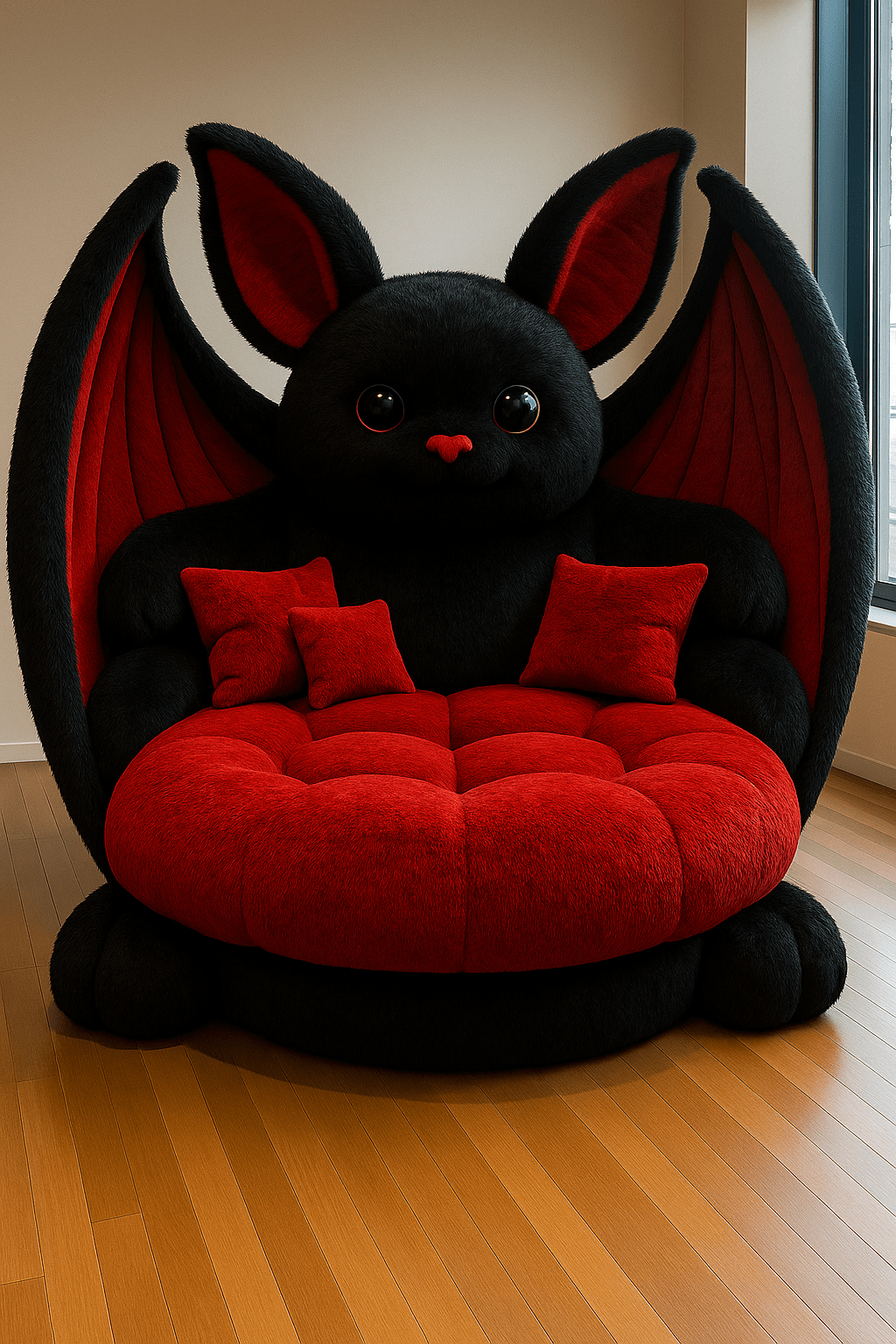 Oversized black and red bat-shaped sofa with plush faux fur, large ears, and detailed wings in a modern living room.