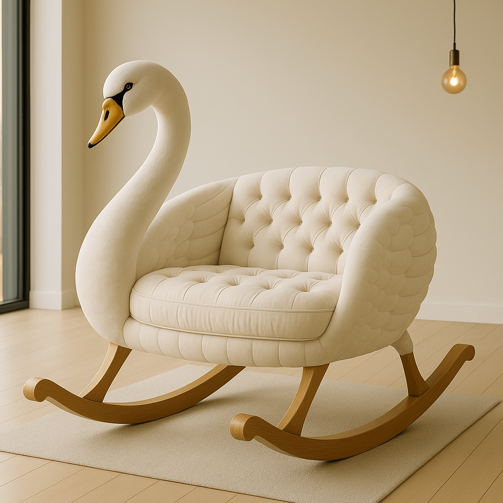 Ivory swan rocker chair with soft tufted fabric and wooden rockers in a bright room