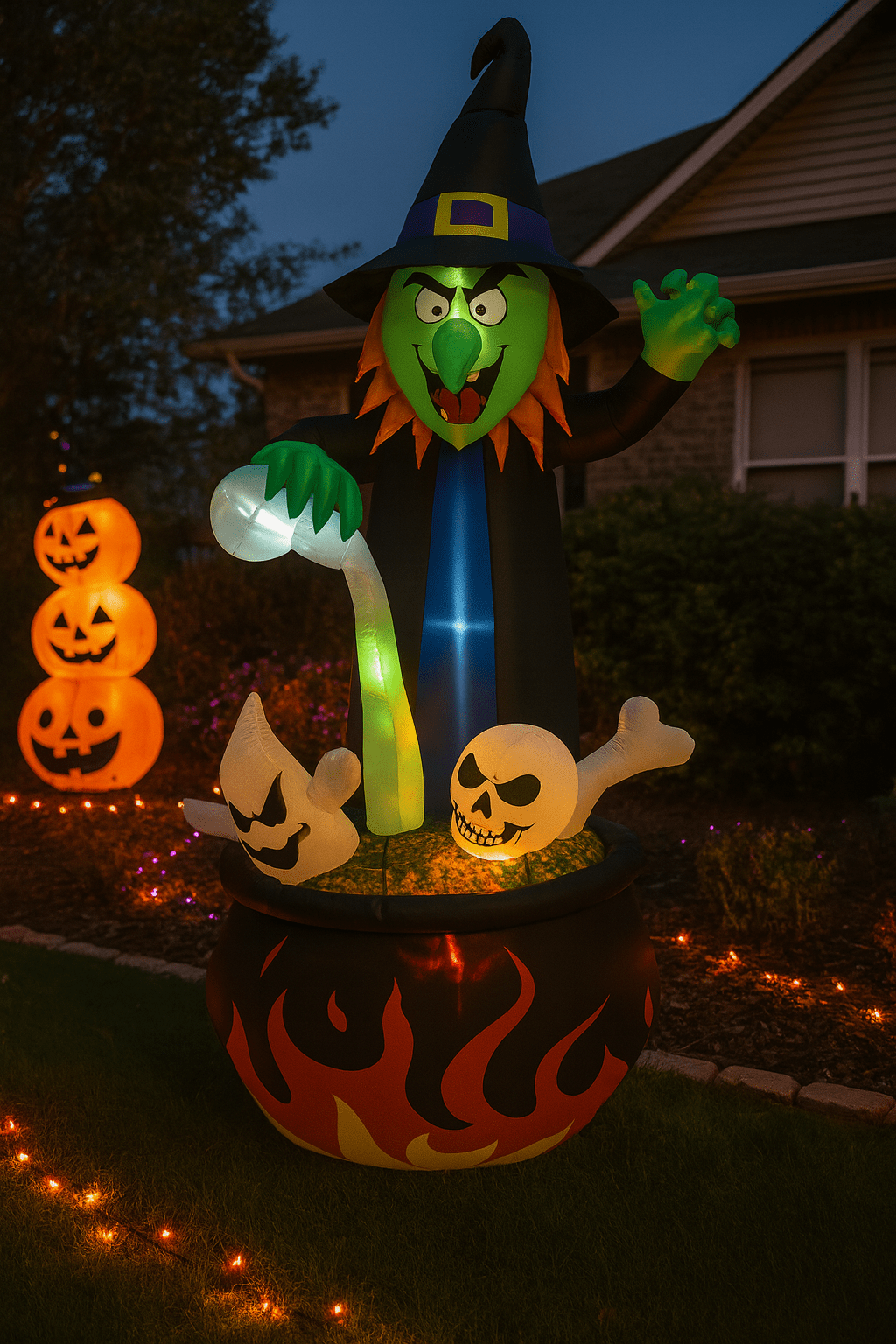 Inflatable Halloween witch stirring a glowing cauldron with skull and ghost figures in a garden