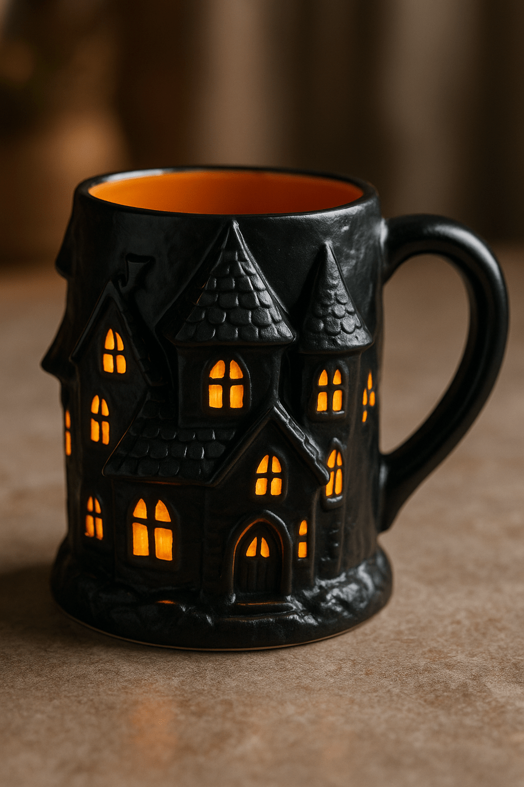 Black ceramic haunted house mug with illuminated windows and gothic detailing