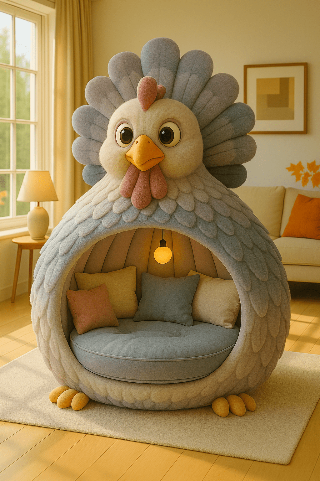 Light blue turkey-shaped reading pod with warm interior lighting and soft pastel cushions in a bright room