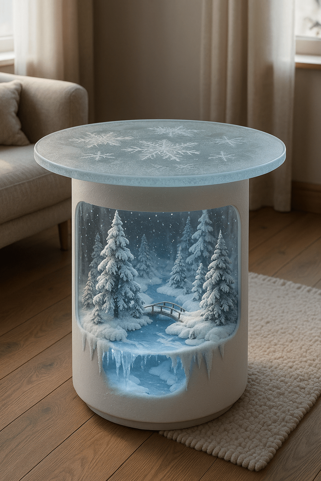 Frosted glass table featuring a miniature winter forest with snow-covered pine trees and a wooden bridge over a frozen stream.