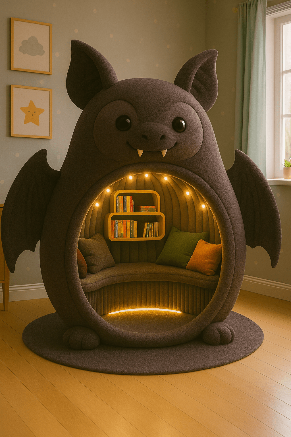 Adorable brown bat-shaped reading nook pod with soft lighting and built-in bookshelves in a cosy children’s bedroom.
