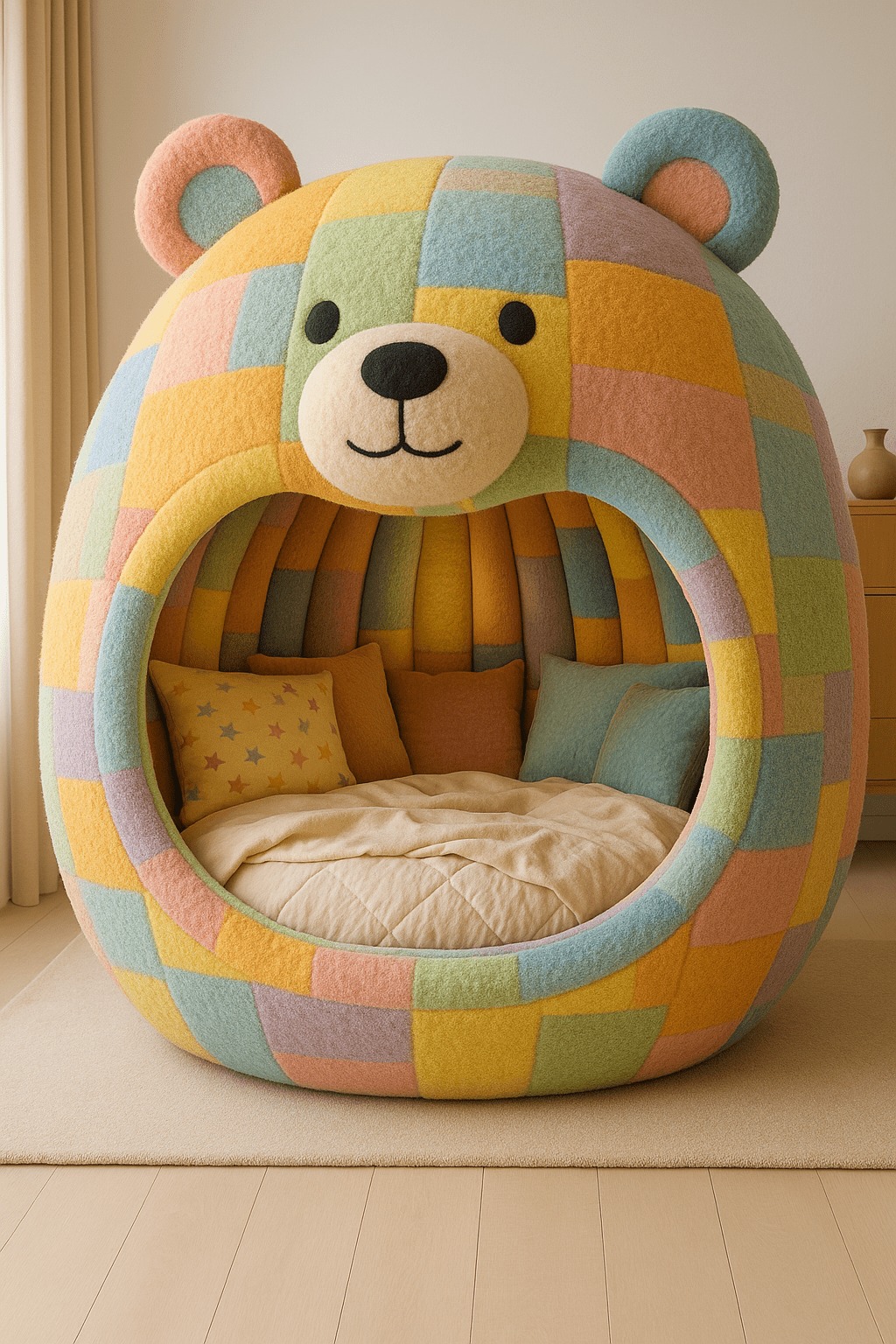 A large patchwork bear-shaped novelty bed in pastel colours with cosy cushions and blankets.