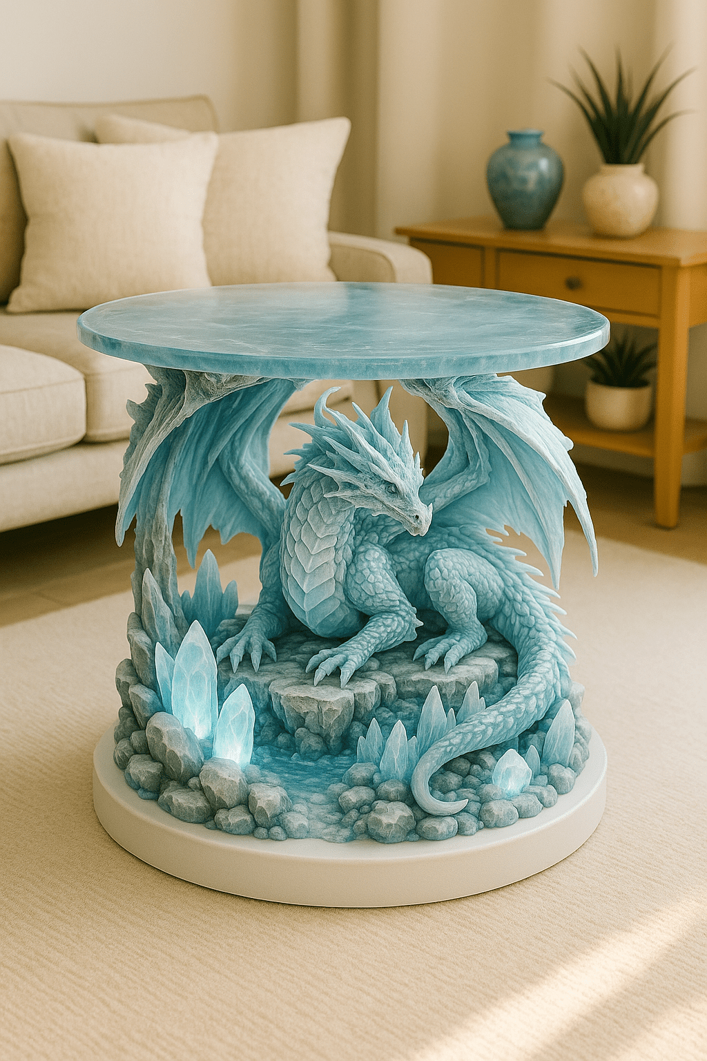 A sculpted blue dragon table featuring glowing ice crystals and a frosted tabletop in a modern living room