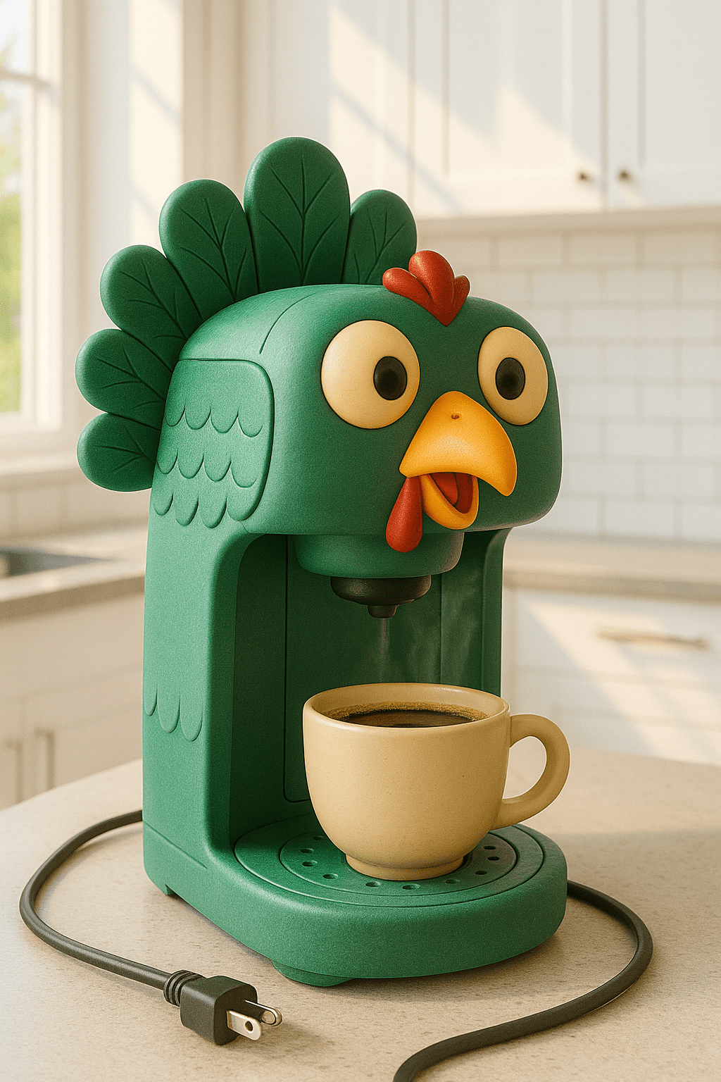 Forest green turkey-shaped coffee maker with red details and yellow beak in a bright modern kitchen.