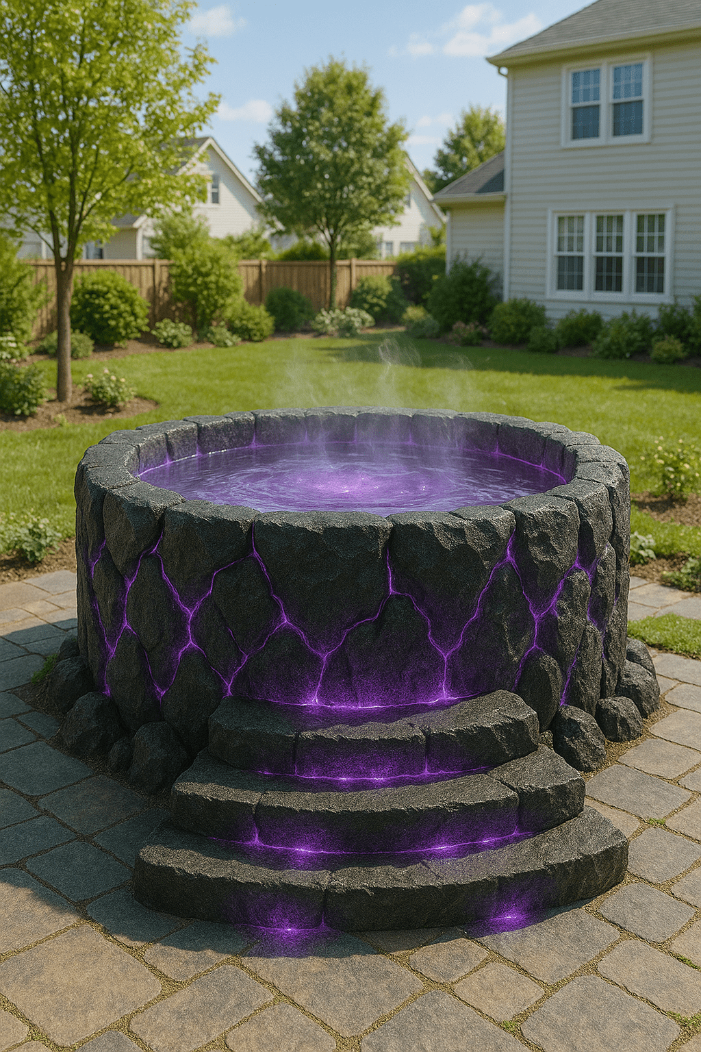 Lava-inspired hot tub glowing with purple light in a suburban garden, surrounded by greenery