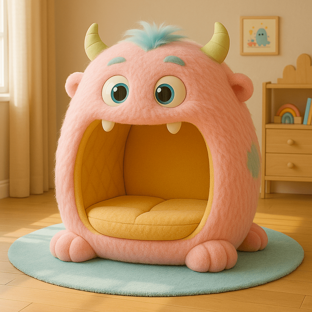 Oversized pink monster pod chair with yellow interior and cute horns in a modern child’s bedroom