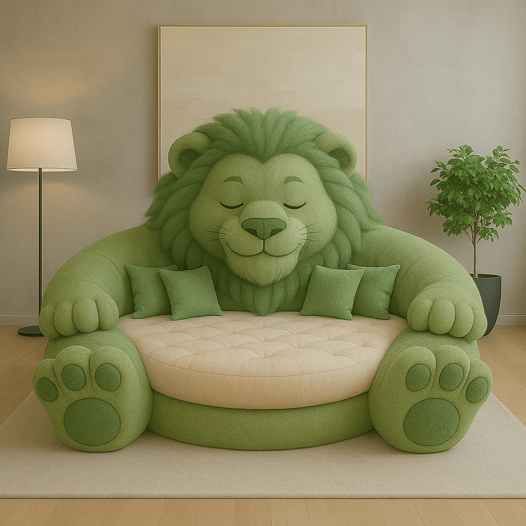 Cosy green lion-shaped sofa with rounded design, plush fabric, and tufted cream seating in a minimalist living room.