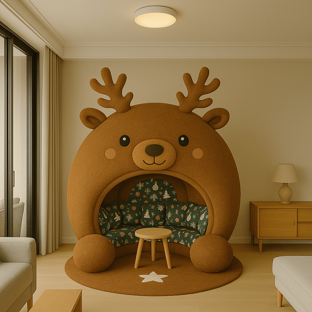 Brown reindeer pod chair featuring dark green floral cushions and soft antlers in a modern lounge