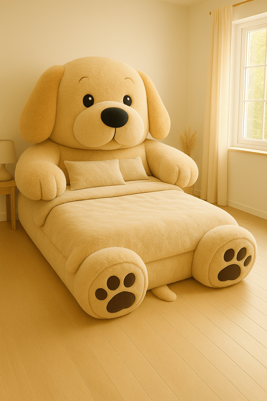 Cosy cream dog-shaped bed with faux-fur texture in a light, modern bedroom